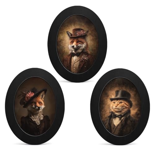 3Pcs Vintage Animal Portrait Oval Wall Art Framed Moody Victorian Decor | Vintage Fox Cat Portrait Oval Wall Decor - Victorian Canvas Prints Hanging Decor for Home Farmhouse Living Room - color: color-J