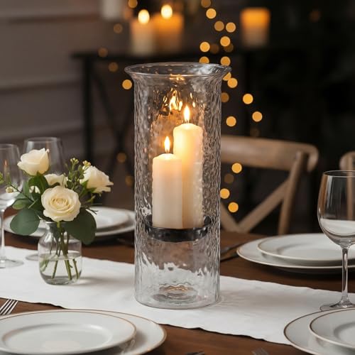 Patelai 15 Inch Large Glass Hurricane Candle Holder for Home Wedding Holiday Centerpiece Decoration Tall Clear Pillar Candle Holder with Removable Metal Insert
