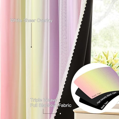 Pink Yellow Purple Blackout Curtains with Sheer Overlay for Girls Bedroom - color: Blackout-pink Purple Yellow, size: 34"W x 63"L (Pack of 2)