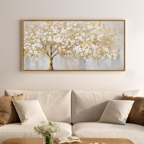 Large Framed Gold Tree Wall Art for Living Room, Neutral Gray White Canvas Painting for Modern and Elegant Home Decor, Golden Tree of Life Artwork for Bedroom Kitchen Dining Room Office, 20x40 Inch - color: Gold White, size: 40"L x 20"W