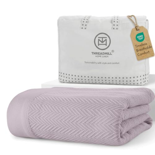 Threadmill Luxury 100% Cotton Twin Herringbone Blanket, Lilac - color: Lilac, size: Twin (68" x 92")