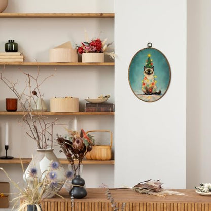 OINDADE Funny Christmas Siamese Cat Owner Gifts Oval Wall Art Hanging Decor - color: Christmas Siamese Cat