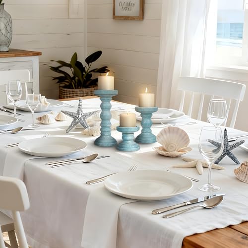 Candle Holder for Pillar Candle Set of 3, Ocean Themed Beach Decor Candle Holders, Coastal Farmhouse Nautical Rustic Decorations for Bathroom, Living Room, Dining Room and Office, Blue - color: Blue