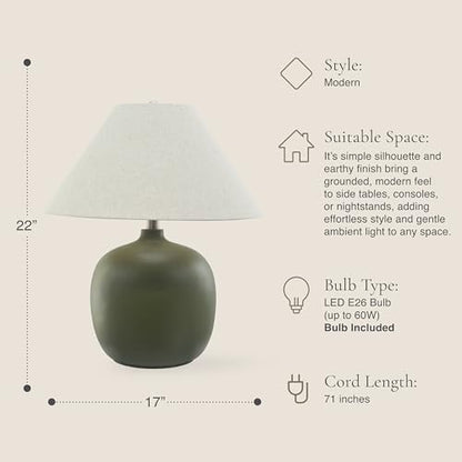 Abani Madeline 20” Table Lamp – Green Ceramic Base with Wheat Linen Tapered Shade, E26 2-Way Bulb Included – Modern Bedside Lamp for Bedroom, Living Room or Nightstand