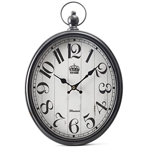 Oval Large Wall Clock Silent Non-Ticking Metal Battery Operated Retro Antique Design Rustic Vintage Style Decor for Living Room Kitchen Farmhouse 16 inch (Black, 16inches) - color: Black