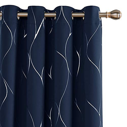 Deconovo Curtains for Living Room, Pattern Blackout Curtains 108 Inch Long - color: Silver Line-navy Blue, size: 52"W x 108"L (Pack of 2)