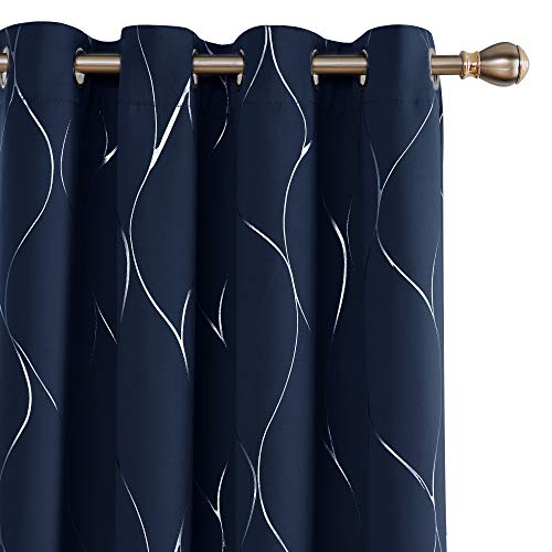 Deconovo Curtains for Living Room, Pattern Blackout Curtains 108 Inch Long - color: Silver Line-navy Blue, size: 52"W x 108"L (Pack of 2)