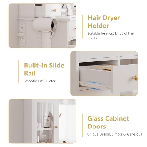 Xixini 44" Vanity Desk with Mirror & Lights, Glass Storage Cabinets, White - color: White