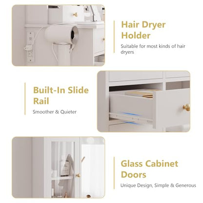 Xixini 44" Vanity Desk with Mirror & Lights, Glass Storage Cabinets, White - color: White
