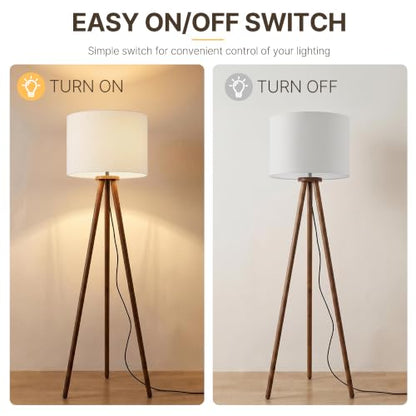 Buruis 60.6 Inch Walnut Wood Tripod Floor Lamp with Linen Drum Shade, Cream - color: Cream