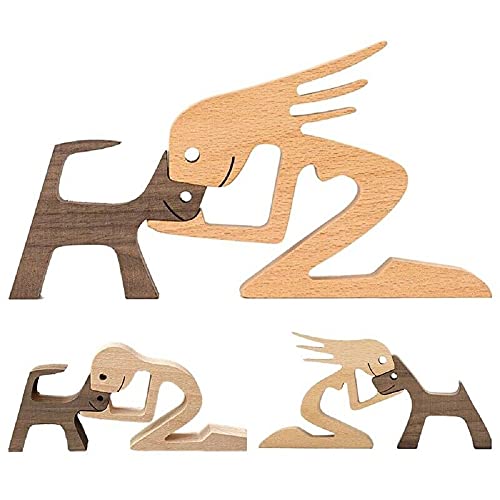 Unique Gift Hand Carved Wood Dog Human Statue Figurine Sculpture Home Office D飯r, Wooden Man Dog Carving Model to Remember Friendship Between Dog and People (D) - color: D