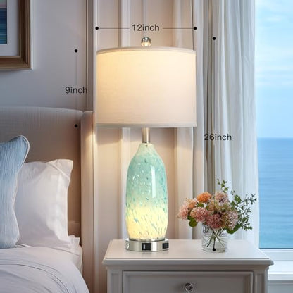 Rinweey 26" Bule Glass Table Lamps Set of 2,Nautical lamp with USB A+C Ports & AC Outlet,Coastal Bedside Lamps with 3-Way Dimmable Touch Control Night Light for Bedroom Living Room,Sky Blue - color: Sky Blue