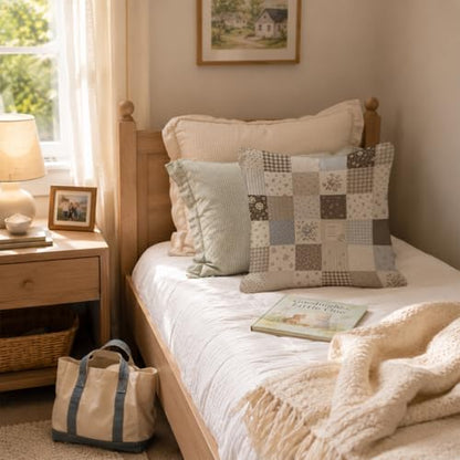 Neutral Farmhouse Floral Patchwork Throw Pillow Cover 18x18 - color: Chocolate