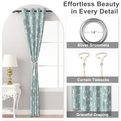Mint Green Floral Blackout Curtains for Bedroom and Living Room, Farmhouse Summer Thermal Insulated Curtains 84 Inch Length 2 Panels Set, Room Darkening Black Out Bedroom Curtains with Two Tiebacks - color: Floral Pattern3