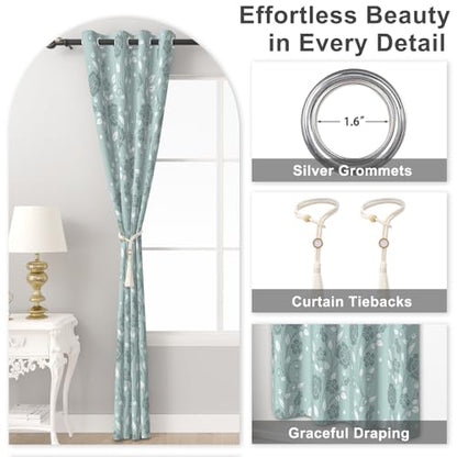 Mint Green Floral Blackout Curtains for Bedroom and Living Room, Farmhouse Summer Thermal Insulated Curtains 84 Inch Length 2 Panels Set, Room Darkening Black Out Bedroom Curtains with Two Tiebacks - color: Floral Pattern3