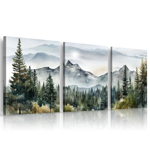 MHARTK66 Large Size Wall Art for Living Room Modern Wall Decor for Bedroom Office Decor Abstract Mountain Forest Landscapes Ink Painting 3 Piece Framed Canvas Art Prints Ready to Hang Wall Pictures - color: Forest Landscape Painting, size: 20x28inches*3pc