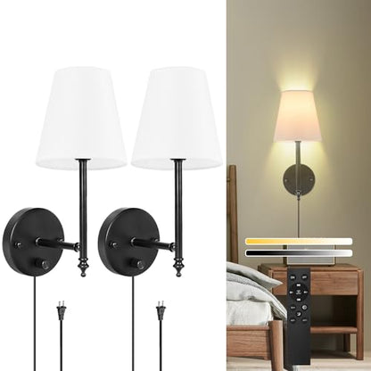 GOODATE 14.1 inch Wall Sconces Set of Two with Remote Control, Dimmable, Adjustable Colors 2700-6500K, Plug in Wall Sconces with White Fabric Shades, Plug in Wall Light, Black - color: Black-White