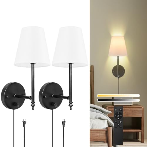 GOODATE 14.1 inch Wall Sconces Set of Two with Remote Control, Dimmable, Adjustable Colors 2700-6500K, Plug in Wall Sconces with White Fabric Shades, Plug in Wall Light, Black - color: Black-White
