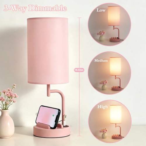 Dreamholder Touch Control USB Table Lamp with USB C/A & AC Outlet, 3-Way Dimmable Bedside Lamp, Modern Nightstand Lamps for Bedroom Living Room Guest Room Office, Bulb Included, Pink - color: Pink