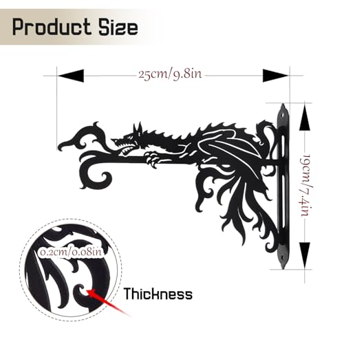 2 Pack-10inch Gothic Dragon Metal Wall Brackets for Hanging Plants, Outdoor Indoor Decorative Hooks for Hanging Plants, Bird Feeder, Wind Chime, Lantern （Lantern NOT Included）