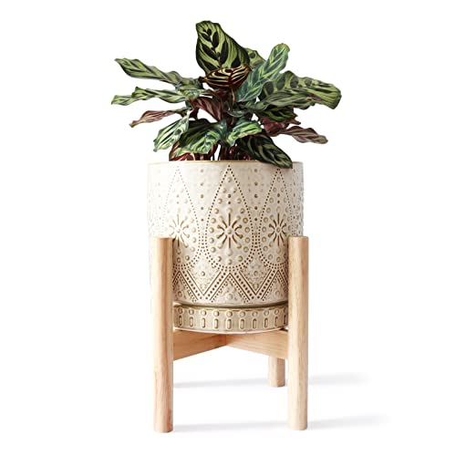 8 Inch Plant Pot with Stand, Ceramic Planter with Drainage Holes, Saucers and Mesh Pads for Indoor-Outdoor Plants - color: Creamy White, size: 8 Inch Planter with Stand