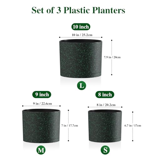 Plant Pots, 10/9/8 Inch 3 Pack Cylindrical Flower Pots with Drainage Holes and Saucers, Plastic Planters for Outdoor Indoor Plants, Black with Green Speckles - color: Black With Green Speckles