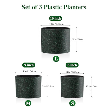 Plant Pots, 10/9/8 Inch 3 Pack Cylindrical Flower Pots with Drainage Holes and Saucers, Plastic Planters for Outdoor Indoor Plants, Black with Green Speckles - color: Black With Green Speckles