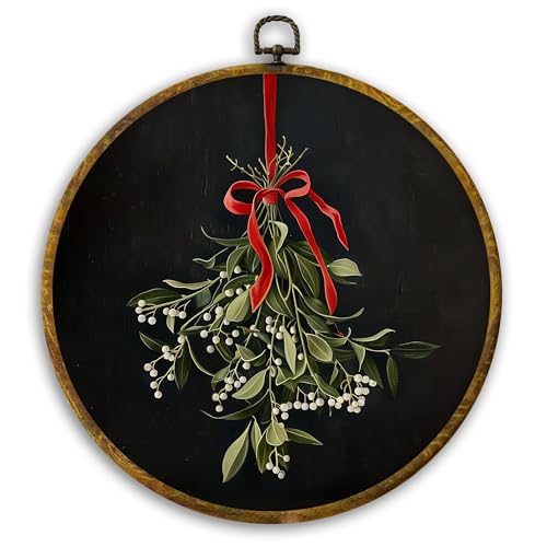 CUANFDDSF Vintage Christmas Mistletoe Round Wall Art Decor, Xmas Holiday Red Bow Mistletoe Botanical Wall Hanging Frame Decor, Elegant Christmas Canvas Prints Decorations for Home Bedroom, 10x10 Inch - color: Colour 19
