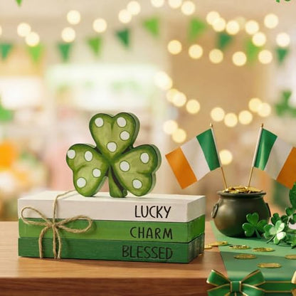 Smile St. Patrick's Day Wooden Decor Blocks LUCKY CHARM BLESSED Shamrock, Tabletop Shelf Wood Sign for Home Office Holiday Lucky Decoration - style: St. Shamrock
