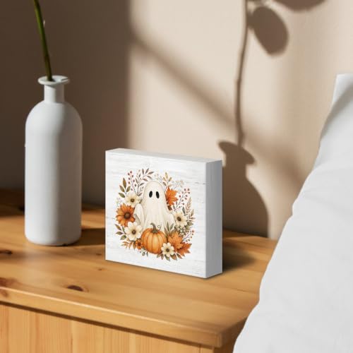 Halloween Fall Ghost Pumpkin Floral Wood Box Sign Desk Decor 5X5