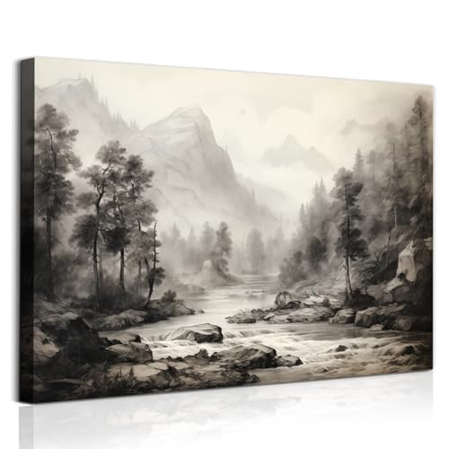 Black And White Landscape Canvas Wall Art Vintage Forest Pictures Mountain Lake Print Forest Landscape Poster Abstract Mountain Painting Forests Sketch Wall Art Nature Scenery Artwork 16x24in No Frame
