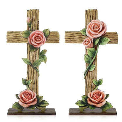 Yuntau 2 Pcs Rose Standing Cross Figurines Table Decor Wooden Rustic Catholic Statues Table Ornament Religious Pink Gift for Kitchen Mantel Home Decor Party Supplies Decoration - style: Rose Standing Cross