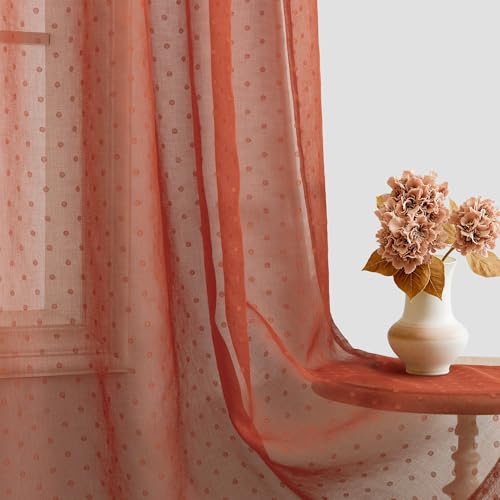 Terracotta Sheer Curtains 84 Inches Long 2 Panels Boho Polka Dots Pattern - color: Terracotta, size: 52"W x 84"L (Pack of 2)