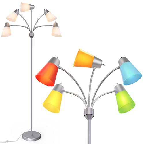 FOLKSMATE LED Floor Lamp, Medusa Multi-Head Modern Tall Standing Lamps, Adjustable Corner Reading Floor Light for Living Room, Bedroom, Kid Room, Classroom, Colored Lampshades, Silver Grey - color: Silver Grey