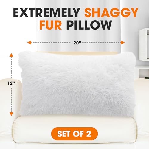 Cheer Collection Throw Pillows for Couch and Bed, Soft Shaggy Throw Pillows with Inserts Included, Cozy Long Hair Faux Fur Pillows - Set of 2-12" x 20" - White - color: White, size: 12" x 20"