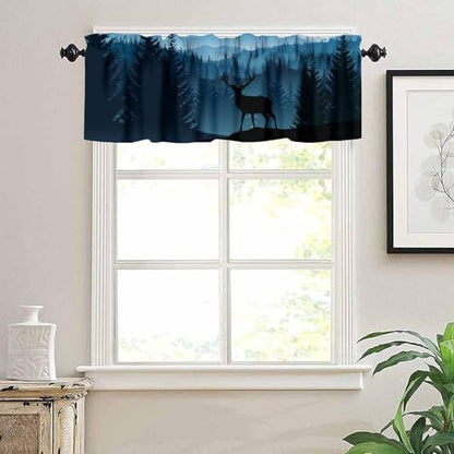 Misty Mountain Deer Valance Curtain, Rustic Retro Blue Foggy Forest Landscape Nature Woodland Wild Animal Deer Print Blackout Window Drape for Kitchen Bedroom, 54x18inch - color: Camo-10