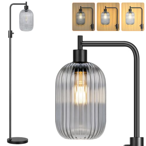 【Upgraded】 Dimmable Floor Lamp for Living Room with Gray Ribbed Glass Lampshade, Black Modern Floor Lamp with 900LM LED Bulb Included, Arc Standing Tall Lamp for Bedroom, Office, Reading Room, Corner - color: Gray Ribbed Glass-Black