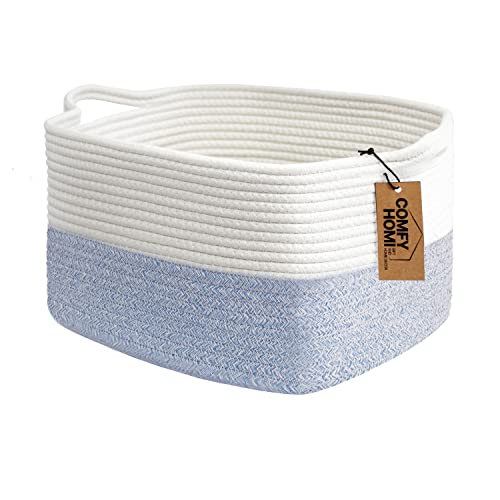 COMFY-HOMI Cotton Rope Woven Basket with Handles for Shelves,Toys,Book, Cloth Storage Baskets Bin for Organizing- 1 PCSToy Decorative Organizer for Living Room, Bathroom - color: White/Blue, size: 13.5"X11"X9.5"
