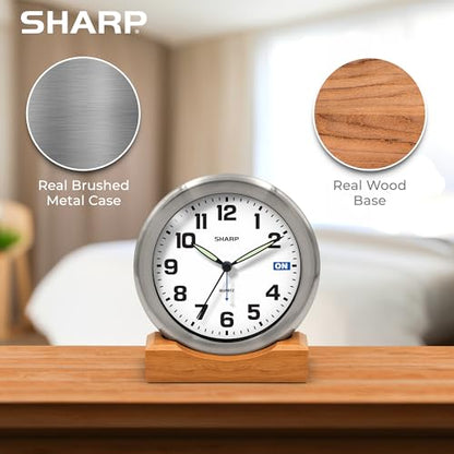 Sharp Silent Sweep Non-Ticking Analog Alarm Desk Metal Clock, Wood Stand