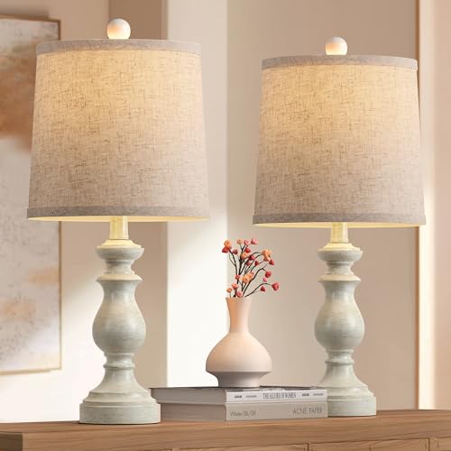 PARTPHONER Traditional Table Lamp Set of 2, Rustic Farmhouse Table Lamps for Living Room Bedroom, 22" Bedside Desk Lamps Vintage Nightstand Lamps with Linen Shades, Antique White - color: Antique White, size: 22 Inch