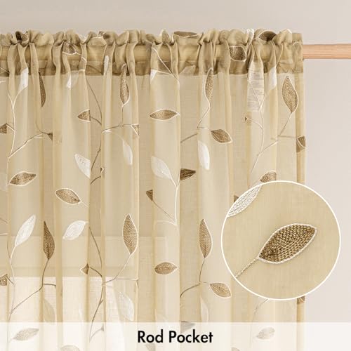 MIULEE Beige Sheer Curtains 2 Panels Embroidered Leaf Patterned, W52 x L96 - color: Beige, size: 52"W x 96"L (Pack of 2)