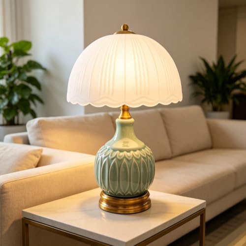 Vintage Ceramic Table Lamp, Green Nightstand Lamp with Pleated Glass Shade, Decorative Desk Lamp for Bedroom Living Room Dining Room