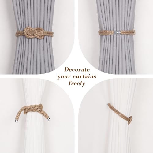 NICEEC 2 Pack Natural Jute Rope Curtain Tiebacks Elegant Boho Style Magnetic Drape Tie Backs Soft Hand-Woven Rope Curtain Holdbacks for Home & Office Drapery (Jute knot-01) - color: Jute Knot-01, size: 2 Pack