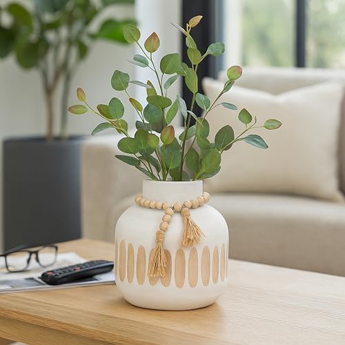 Paulownia Wood Vase with Beaded Tassels for Living Room Decor - Decorative Flower Vase for Bedroom, Office Desk, and Home Display - Casual House Accent for Table Centerpiece - 8", White & Tan - color: White