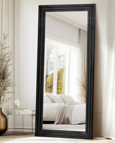 71x30in Full Length Mirror, 3-Tier Stepped Solid Wood Frame, Black - color: Black, size: 71"L x 30"W