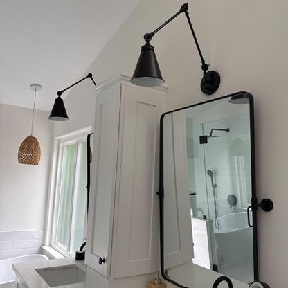 WINGBO Farmhouse Swing Arm Wall Sconce Set of 2, Industrial Adjustable Wall Lamp Light Fixture for Living Room Bedroom Vanity Study Desk Office, Plug in or Hardwired, Black - color: Black