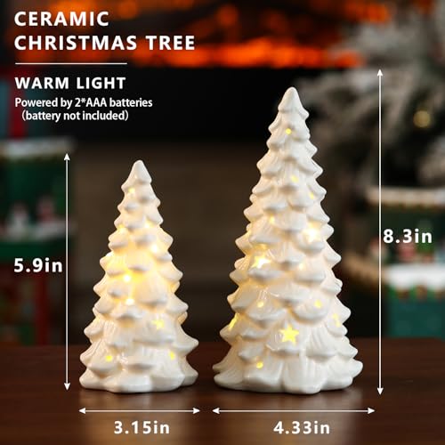 HOMCDALY 2 PCS White Small Christmas Tree with Lights, Mini Christmas Tree for Christmas Décor, Tabletop Xmas Tree Figurines, Christmas Decorations（Ceramic）