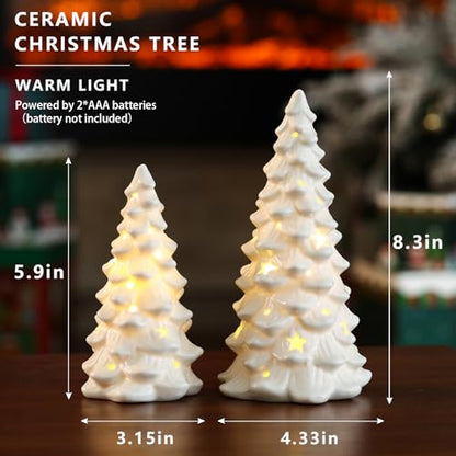 HOMCDALY 2 PCS White Small Christmas Tree with Lights, Mini Christmas Tree for Christmas Décor, Tabletop Xmas Tree Figurines, Christmas Decorations（Ceramic）