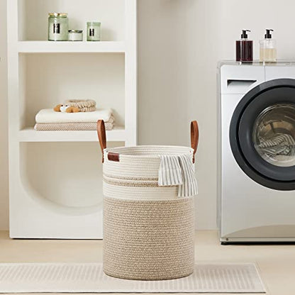 VIPOSCO 58L Tall Woven Rope Laundry Hamper, Leather Handles, Brown & White - color: Brown & White, size: 58L