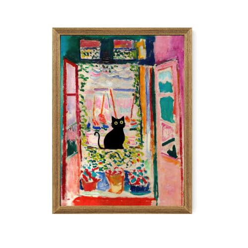 Fantasy Artists Henri Matisse Cat Wall Art, Framed Open Window Black Cat Canvas Poster Prints, Abstract Aesthetic Wall Decors for Living Room, Oil Paintings for Room Bathroom Decorations 12" X 16" - color: The Open Window, size: 16"L x 12"W